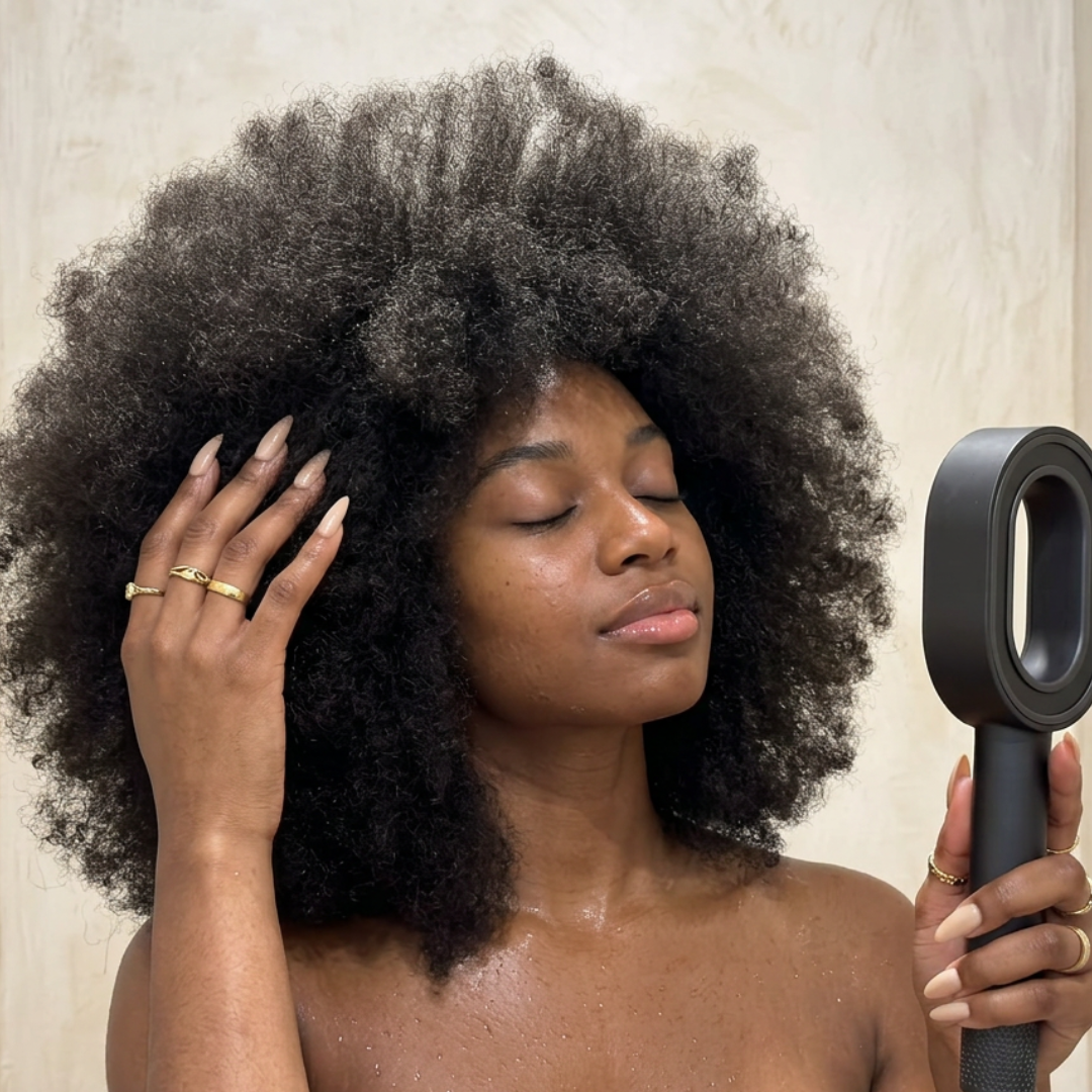 Femme aux cheveux crépus tenant le pommeau de douche filtrant ZEWANI