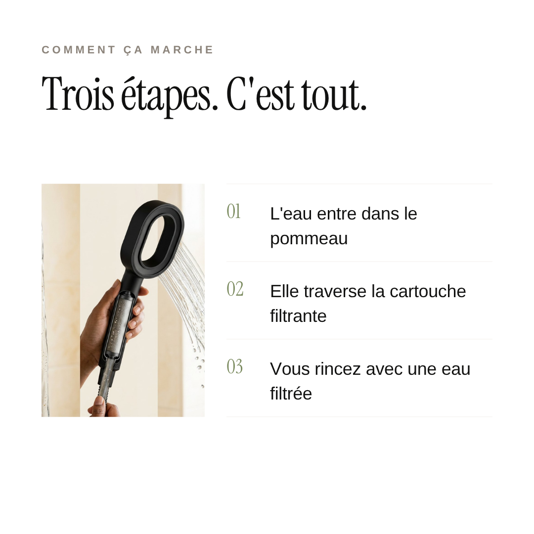 Comment fonctionne le pommeau ZEWANI : l'eau traverse la cartouche filtrante avant le rinçage