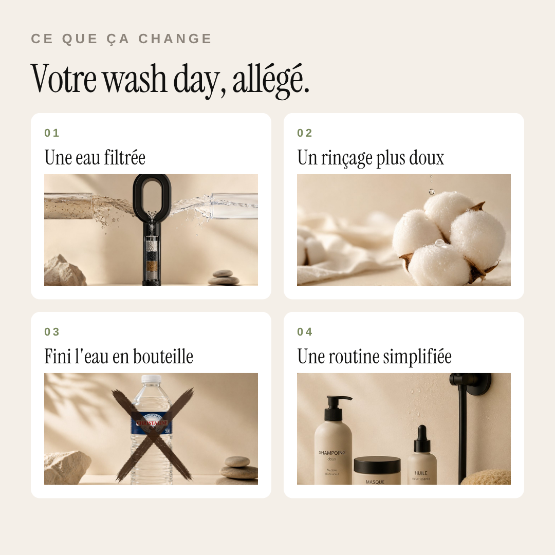 Ce que change une eau filtrée sur le wash day : rinçage plus doux et routine simplifiée