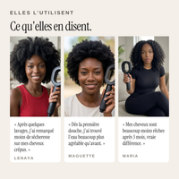 Trois femmes aux cheveux crépus et texturés avec leur pommeau de douche filtrant ZEWANI